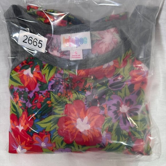 LuLaRoe RANDY Hawaiian Hibiscus Flower Purple Gray Raglan Tee Shirt SMALL S - Picture 6 of 6